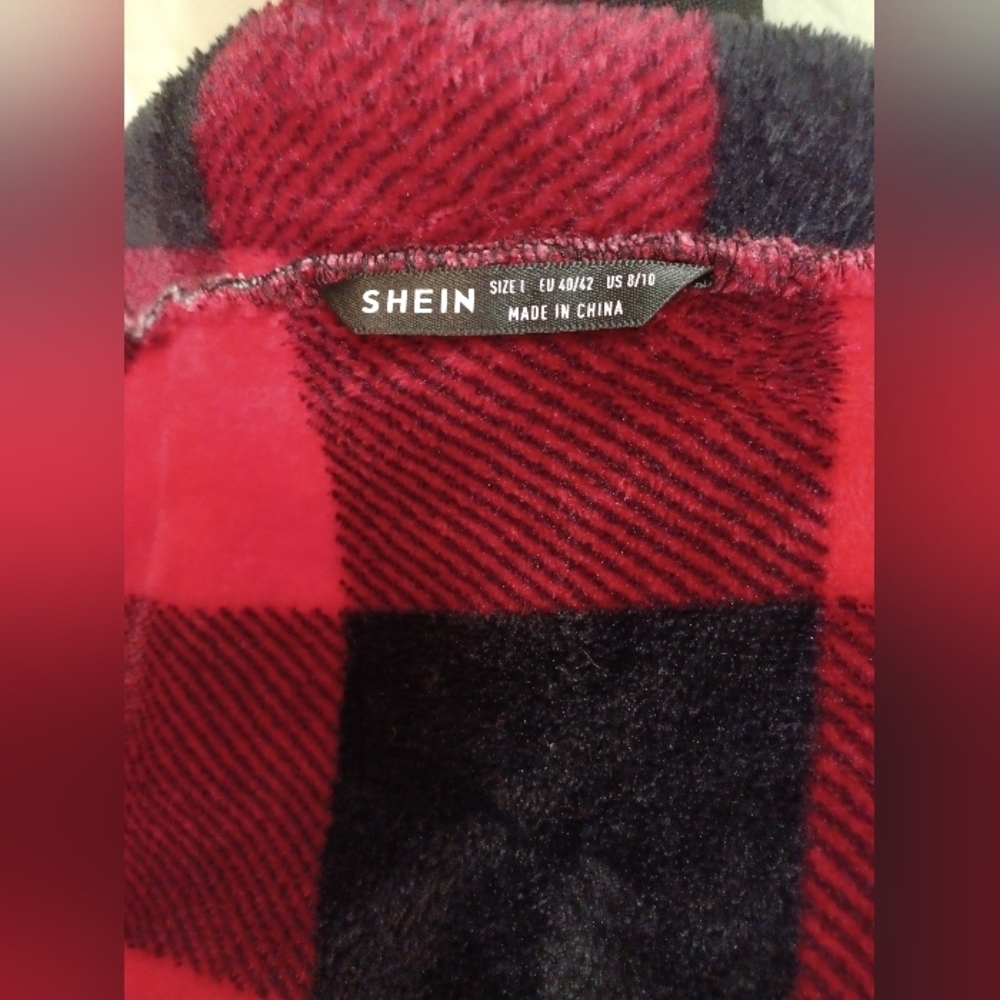 SHEIN Red and Black Checkered Plush Jacket - Picture 8 of 9